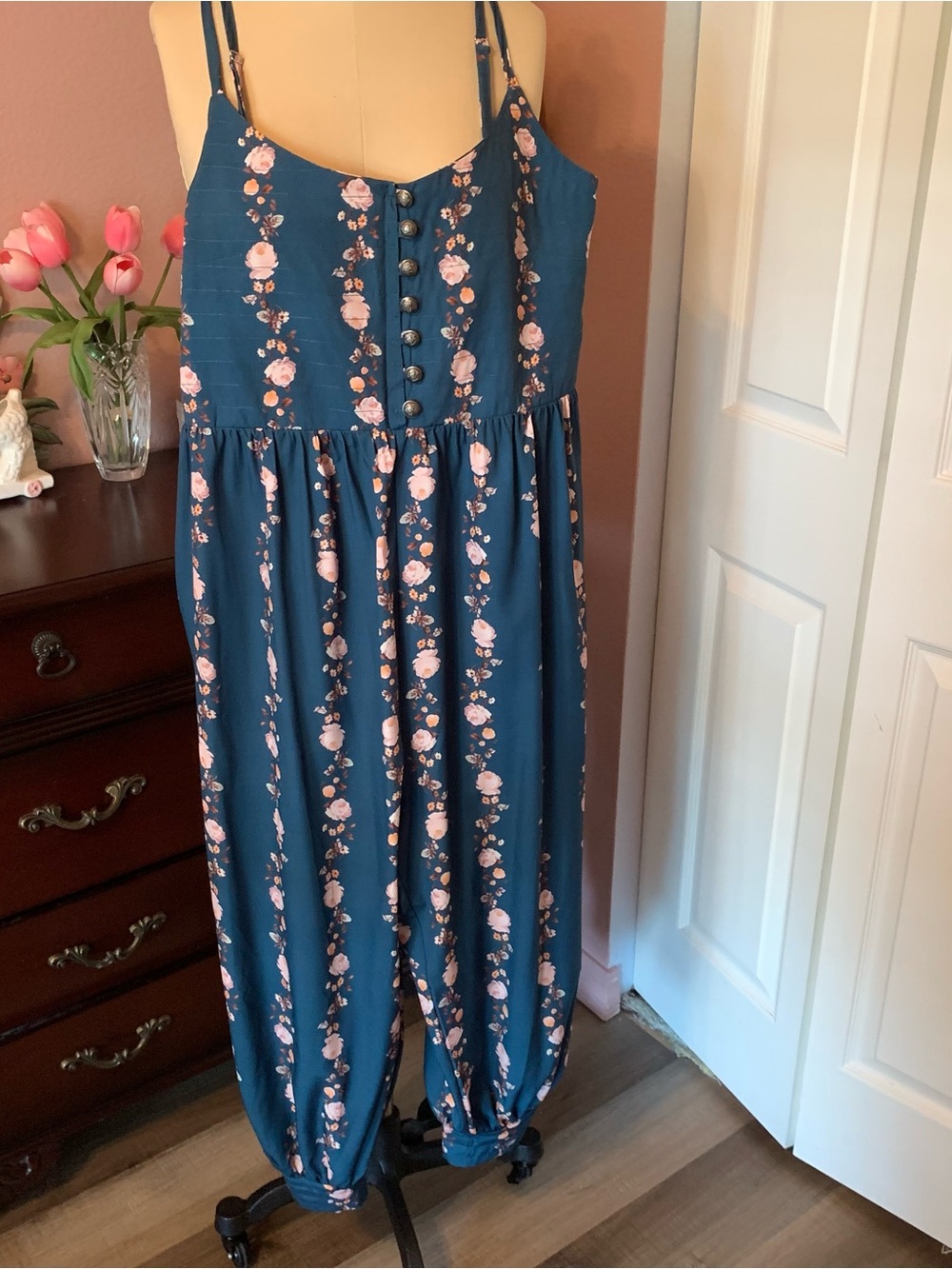 Women's Teal Floral Spaghetti-Strap Jumpsuit